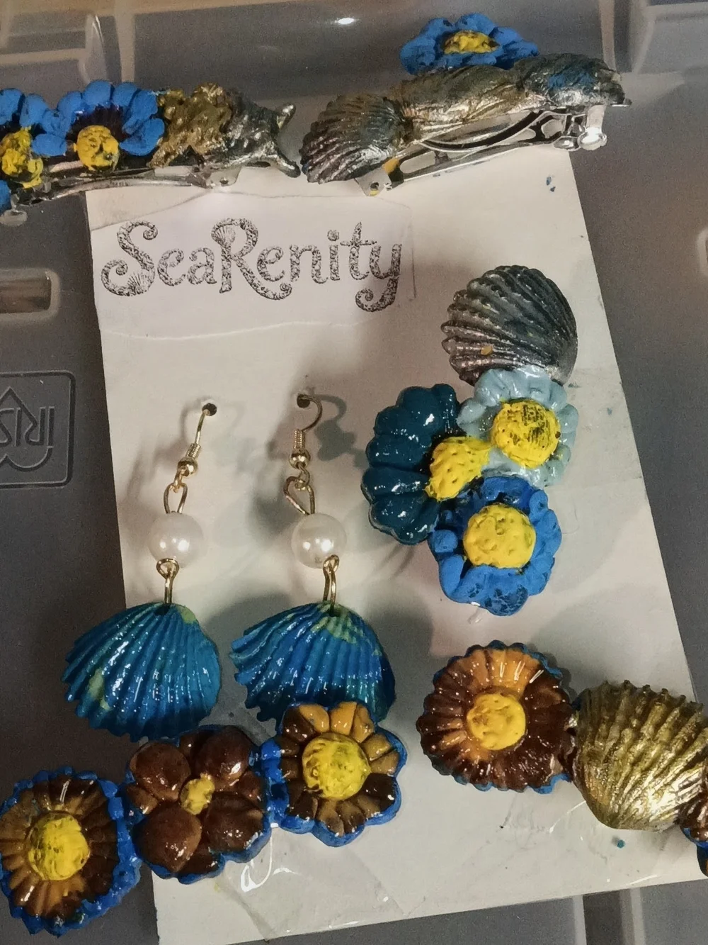 Serenity Blue & Gold Seashell Barrette and Earring Set